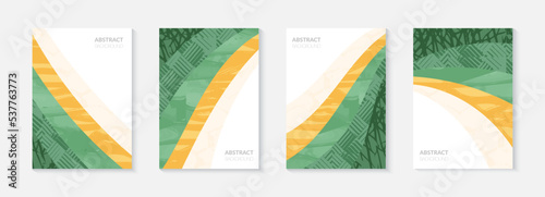Green abstract agriculture field vector leaflet. Agro card template, farm presentation. Set of a4 layout with nature theme. Minimalist shape, agri design. Field view with texture background