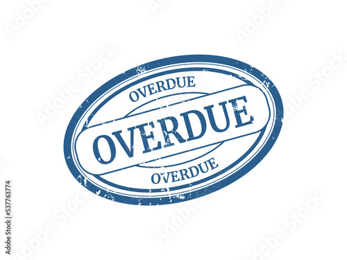 Grunge blue overdue round rubber seal stamp on white background