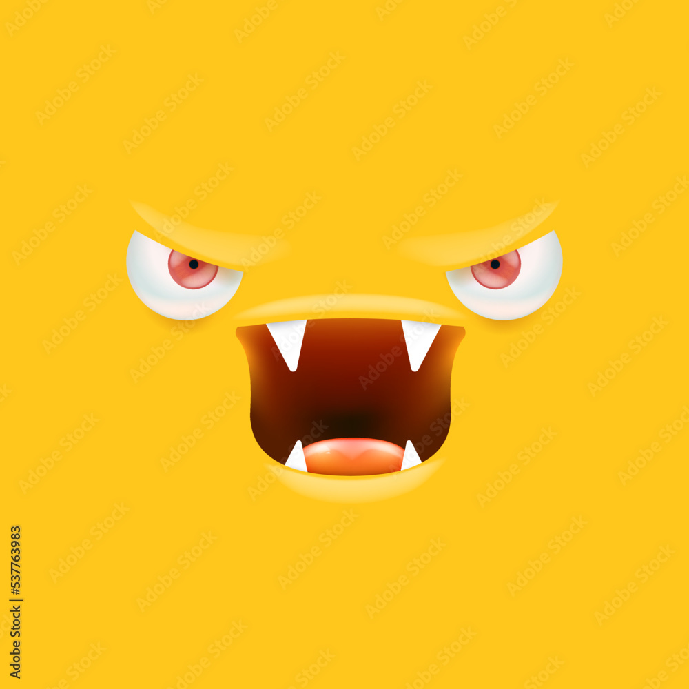 Vector funny angry orange monster face with open mouth with fangs and evil eyes isolated on orange background. Halloween cute and angry monster design template for poster, banner and tee print Vector funny angry orange monster face with open mouth with fangs and evil eyes isolated on orange background. Halloween cute and angry monster design template for poster, banner and tee print