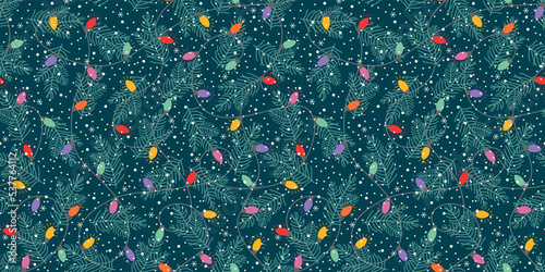 Seamless background Christmas tree and snowflakes, colored Christmas garlands design for gift wrapping paper.