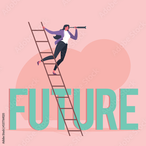 Future trends, business vision, searching for opportunities or leadership concept. Businesswoman is looking through monocular telescope and standing on ladder above text FUTURE in pink scene.
