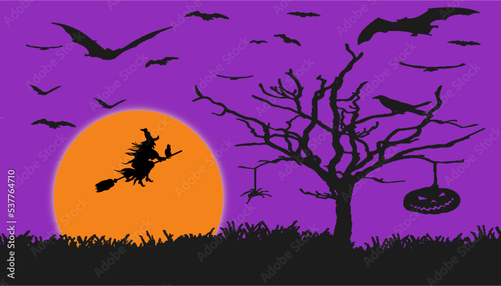 Halloween background with bats, witches, spiders, and trees. 