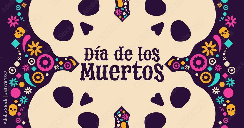 Inscription Day of the Dead in Spanish. Dia de los Muertos holiday concept. Flat holiday animation. Motion graphic design. Loop footage.