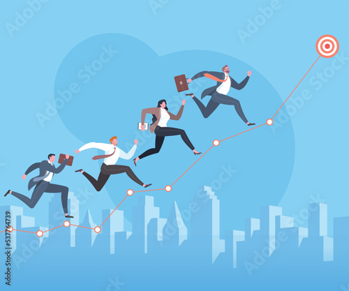 Leadership, leading to success, consulting to achieve goals, teamwork to target achievement concept. Businessman is leading his team keep running toward to the target in cityscape blue scene.