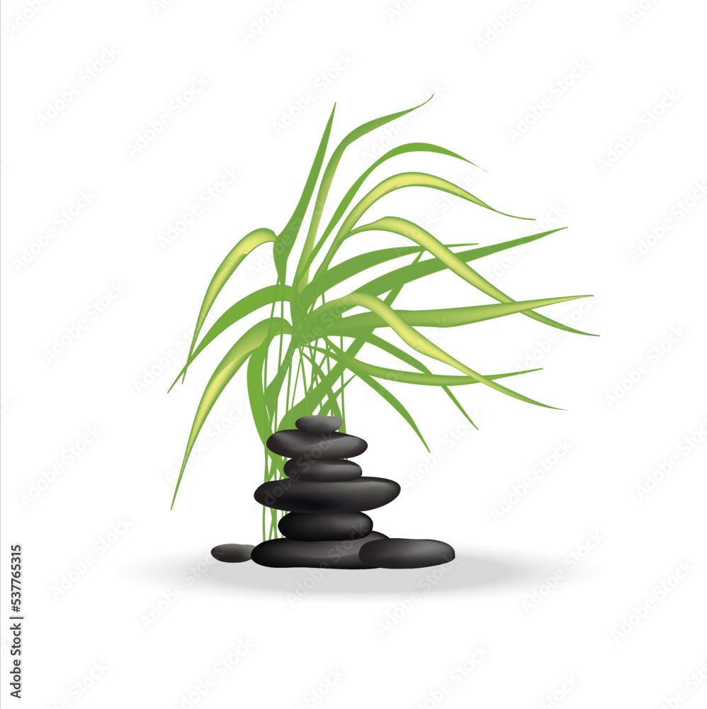 Zen rock tower, wild reed with long leaves in the wind. Symbolic flat oriental style illustration of stones and frail Zen rock tower, wild reed with long leaves in the wind. Symbolic flat oriental style illustration of stones and frail