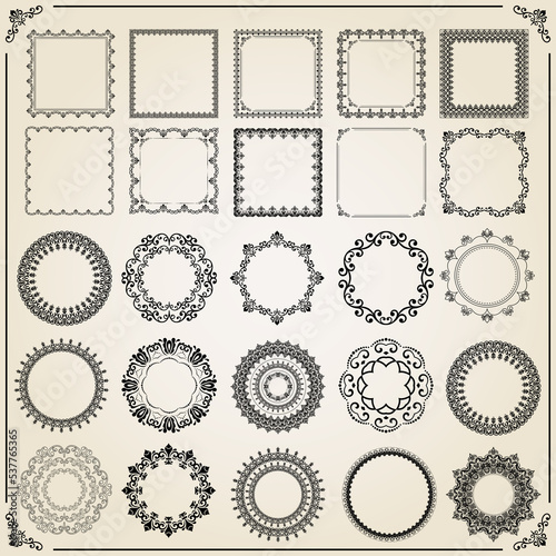 Vintage set of horizontal, square and round elements. Black and white elements for backgrounds, frames and monograms. Classic patterns. Set of vintage patterns