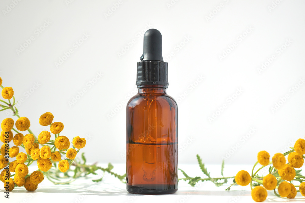 An empty mock-up of a medical bottle with a pipette and aroma oil. Transparent bottle made of dark amber glass with a green plant and yellow flowers. The concept of phytotherapy and aromatherapy An empty mock-up of a medical bottle with a pipette and aroma oil. Transparent bottle made of dark amber glass with a green plant and yellow flowers. The concept of phytotherapy and aromatherapy