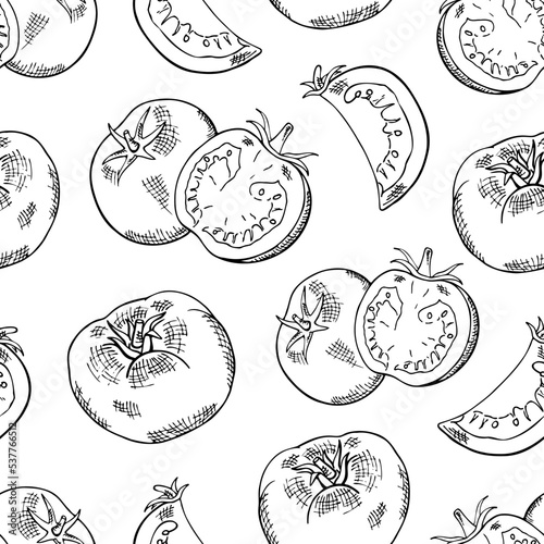 seamless black and white pattern with whole and tomato slices, contour drawing by hand with hatching