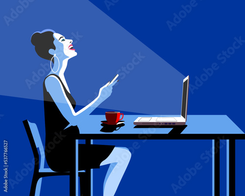 Happy Young Beautiful Woman Using Smartphone and Laptop, Indoors. Retro vintage illustration, pop art, vector illustration.