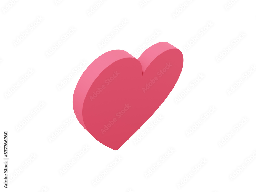 Flat heart. Red single color. Symbol of love. On a white monochrome background. Top view. 3d rendering.