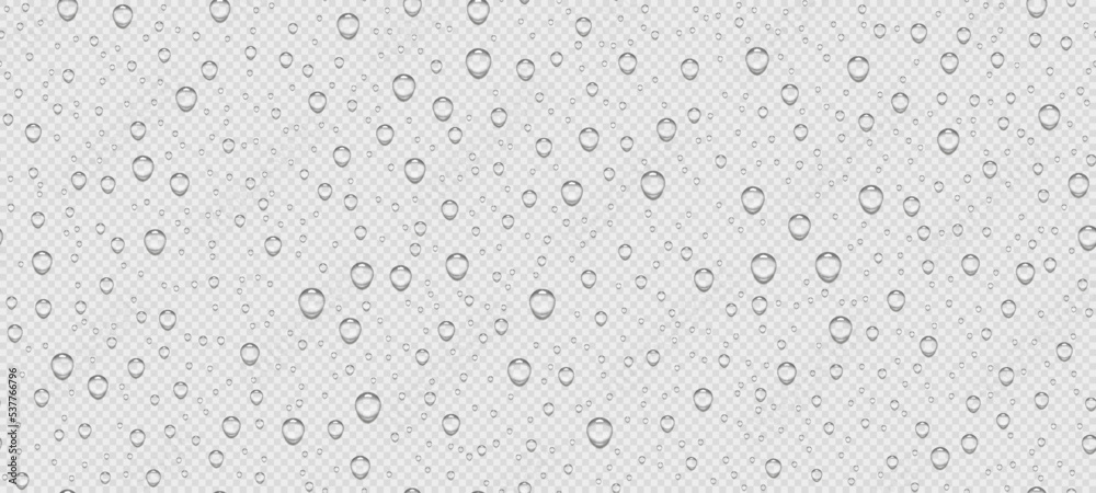 Realistic water droplets transparent pattern on light background. Raindrops on glass. Shower or rain on window. Drops texture. Condensed wet on surface. Vector illustration - obrazy, fototapety, plakaty 