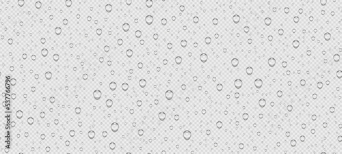 Fotografiet Realistic water droplets transparent pattern on light background