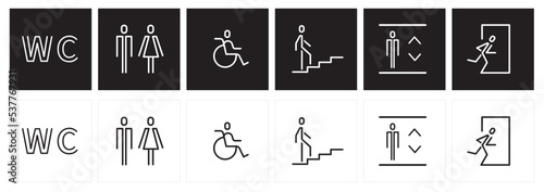 male and female toilet symbols. disabled icon. gender icon. restroom pictogram. Elevator and Escalator public signage. WC signage	
