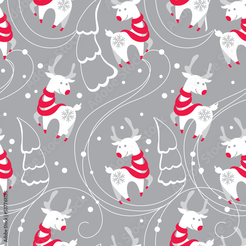 Cute deer in the winter forest. Christmas print. Seamless pattern. Vector.