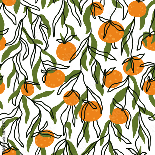 Tangerine branches seamless pattern. Summer citrus fruits. Vector trendy hand-drawn abstract background in simple cartoon scandinavian style. Digital paper. Orange-green palette.