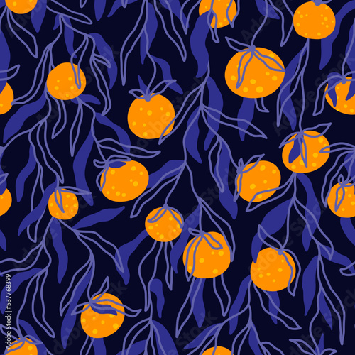 Tangerine branches seamless pattern. Summer citrus fruits. Vector trendy hand-drawn abstract background in simple cartoon scandinavian style. Digital paper. Orange-violet palette.