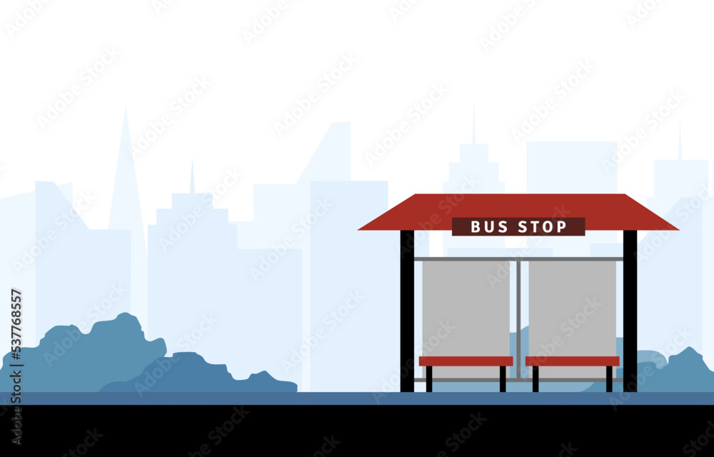 bus stop on the roadside with city buildings as background