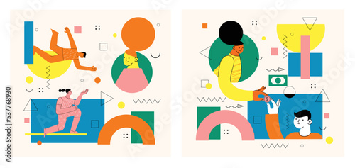 People sending, transfering money, coins from debit card, credit card, replenishment of balance, account on Internet. Banking service, successful contactless payment transaction.