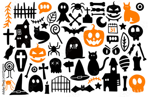 Halloween elements collection doodle illustration vector. 