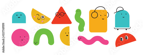 Vector illustration of geometric character shapes with face emotions, cute colorful shape for children education.