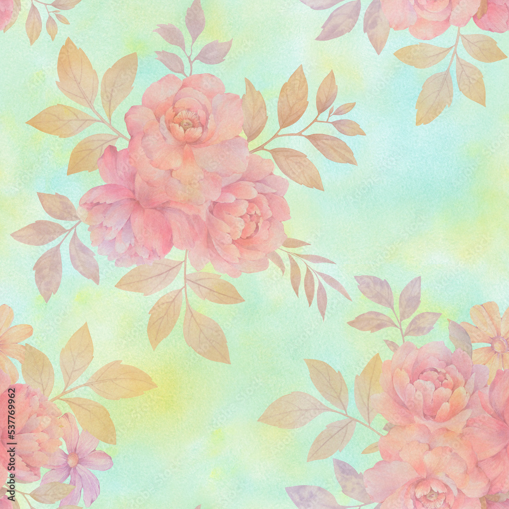 bouquets of flowers with leaves, seamless pattern for design on abstract watercolor background.