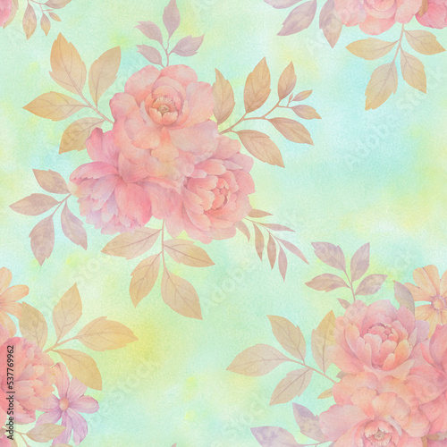 bouquets of flowers with leaves  seamless pattern for design on abstract watercolor background.