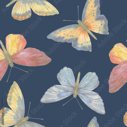 Seamless pattern for design. Colorful watercolor butterflies, abstract background.