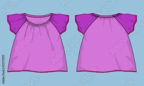 Baby girls dress design technical fashion Flat sketch vector illustration template. Apparel clothing design   Pink color Mock up front and back views. Kids Fashion design vector Art drawing.
