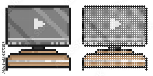 Pixel icon. Flat screen TV on home theater table. Watching movie at home on larger screen. Simple retro game vector isolated on white background