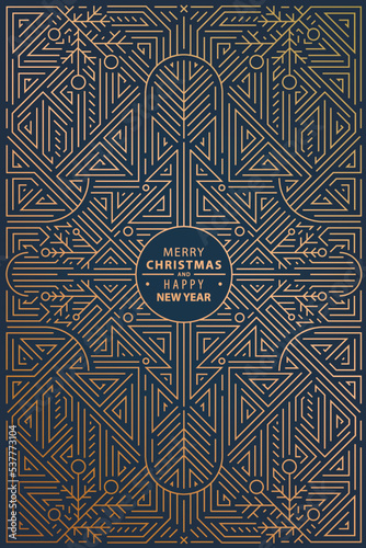 Vector Merry Christmas and Happy New Year golden art deco background, card, banner. Line geometric style on navy blue background