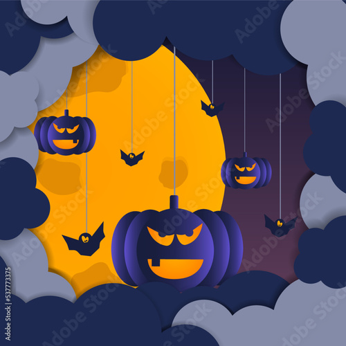 Dark clouds and bats with pumpkins on a string against a yellow moon. The shadow conveys the planarity of the illustration, and the contrasting colors convey brightness and an intimidating mood.