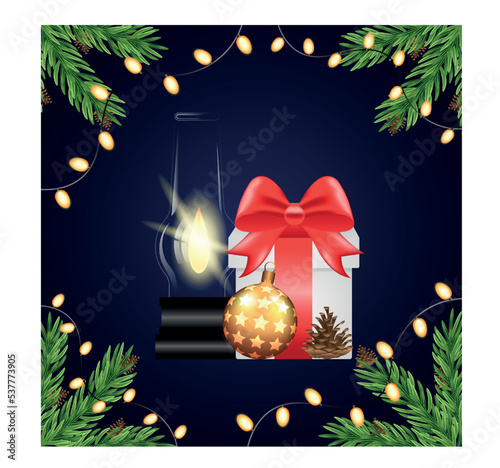 Christmas card with holiday elements composition.