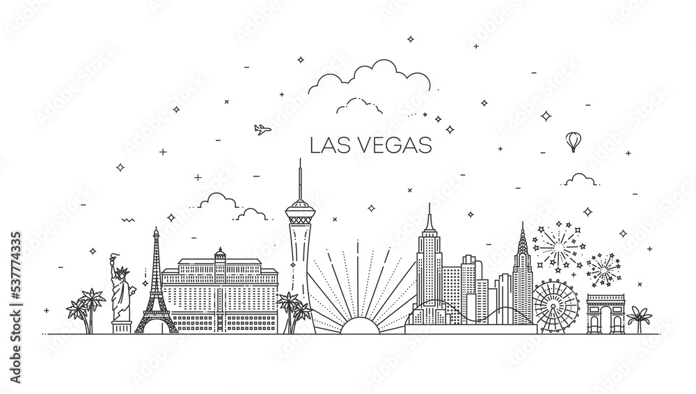 Las Vegas skyline, USA. Vector illustration, line art