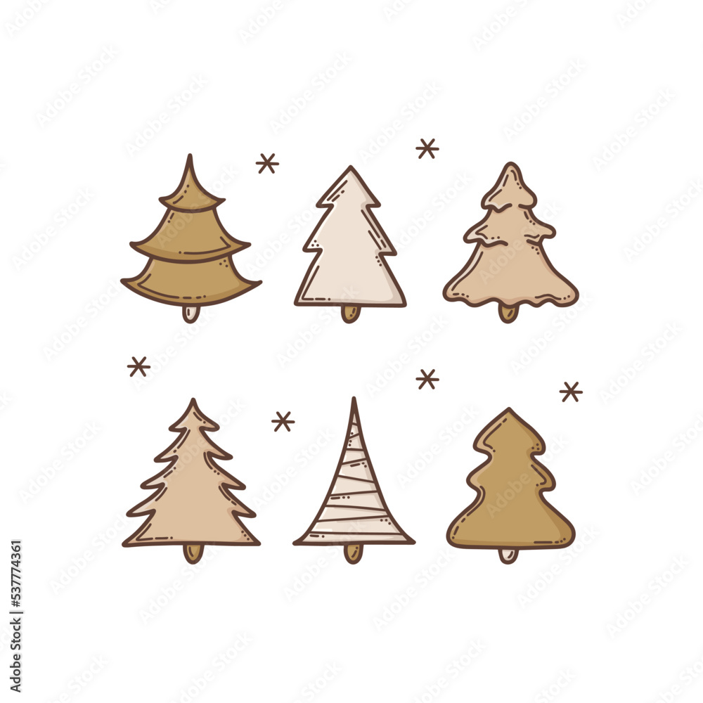 Fototapeta premium Simple set of Christmas trees, decorations, snowflakes. Colorful winter design doodle vector illustration in flat cartoon style. Boho color concept.