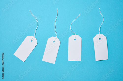 Empty white cardboard tag on a white rope, blue background. Price tag template