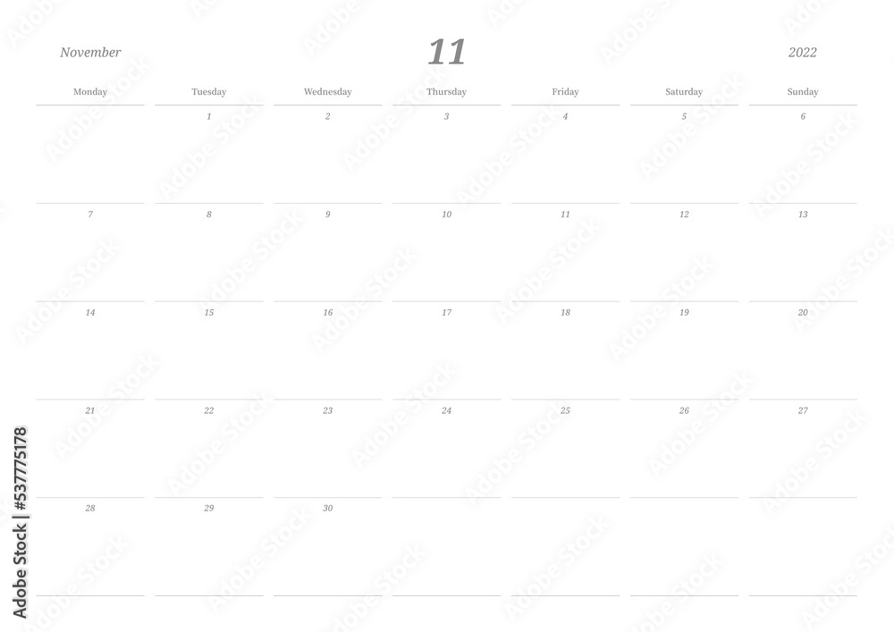 November 2022 calendar template design illustration is simple style. Memo, scheduler, diary, calendar, memo, planner document template background. November 2022 calendar template design illustration is simple style. Memo, scheduler, diary, calendar, memo, planner document template background.