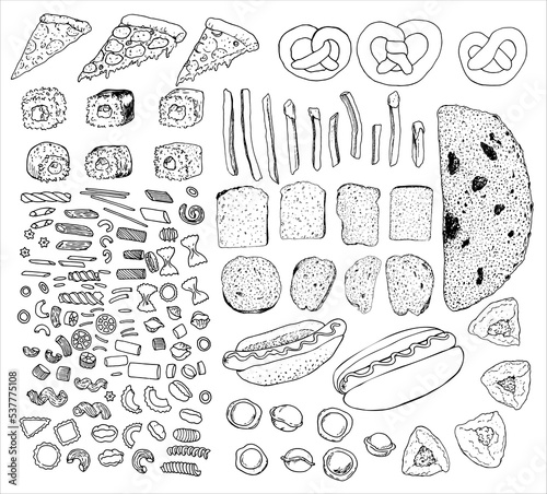 a set of food a sketch of pasta bread, options, products, pizza, fast food, pies, pretzels, hot dog, sushi, dumplings, ready-made food, restaurant