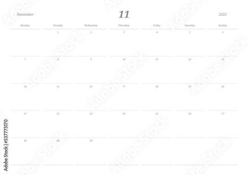 November 2022 calendar template design illustration is simple style. Memo, scheduler, diary, calendar, memo, planner document template background.