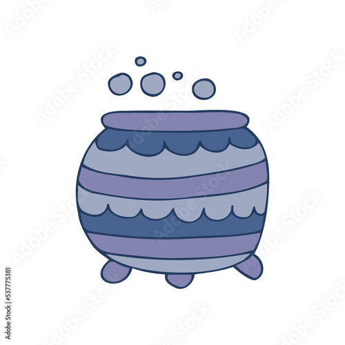 Halloween 2022 - October 31. A traditional holiday, the eve of All Saints Day, All Hallows Eve. Trick or treat. Vector illustration in hand-drawn doodle style. A cauldron with a witchs potion.
