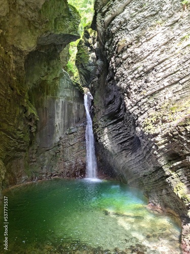 Vertical of the Kozjak waterfall at the end of a gorge in Ladra  Slovenia