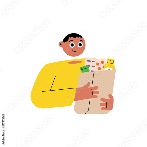 Young man bring paper bag with medical supplies