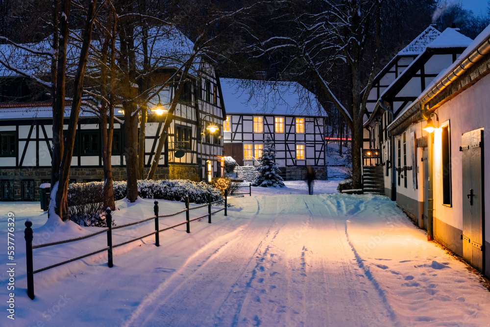 Historic village winter panorama in Iserlohn Sauerland Germany. Old