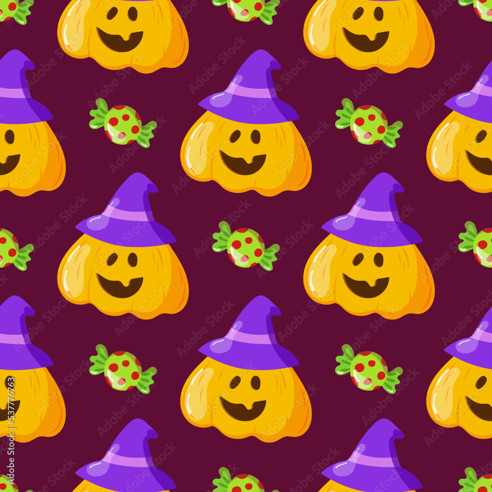 Halloween seamless pattern with Pumpkin Jack o lantern and candies. Smily pumpkin with swits. Pattern for print, textile, fabric, wrapping paper Halloween seamless pattern with Pumpkin Jack o lantern and candies. Smily pumpkin with swits. Pattern for print, textile, fabric, wrapping paper