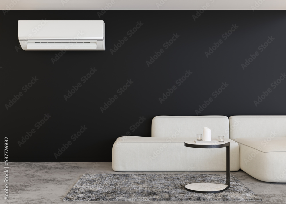 Modern AC, air conditioner hanging on the wall in room. Cooling product ...