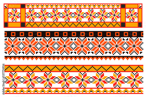 Set of seamless  ukrainian pattern. Colored embroidery like cross-stitch ethnic ukrainian border. Vector illustration