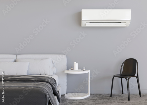 Modern AC  air conditioner hanging on the wall in room. Cooling product for hot climate in summer. Machine which keeps the air in a building cool and dry. Modern interior with air-conditioning. 3D 