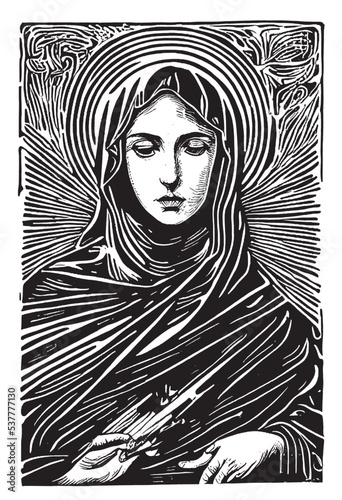 Mary, mother of Jesus. Linecut style drawing vector art. Holy Mother Mary praying.