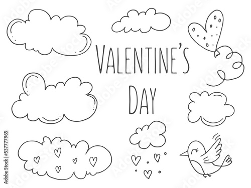 Set of cute hand-drawn doodle elements about love. Message stickers for apps. Icons for Valentines Day, romantic events and wedding. A bird with a balloon in the sky with clouds.