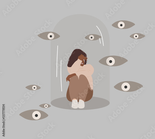 Woman crying under glass dome with fears and phobias. Social Phobia, Paranoia, schizophrenia. Psychological problems. Mental health collection. Flat, cartoon vector illustration