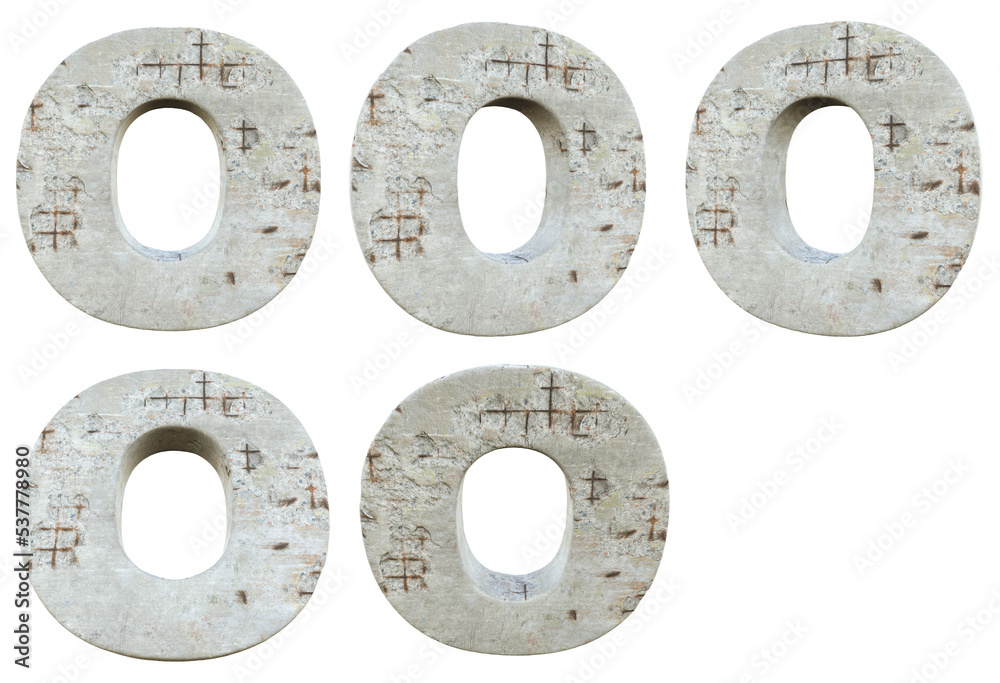 3D font with transparent background. Damaged Concrete. Letter O. 5 variants at different angles.